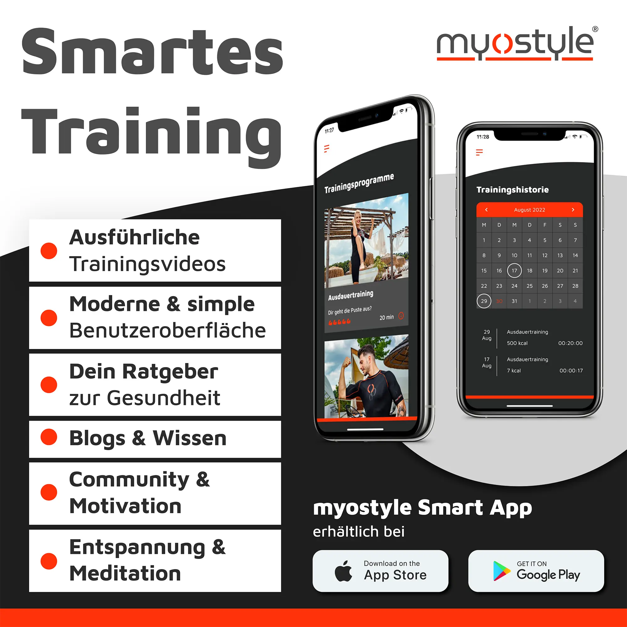 Smart-EMS-Trainings-App Zwei Smartphones mit der Benutzeroberfläche der myostyle Smart-EMS-Trainings-App. Es zeigt den Trainingskalender und Trainingsprogrammvideos.