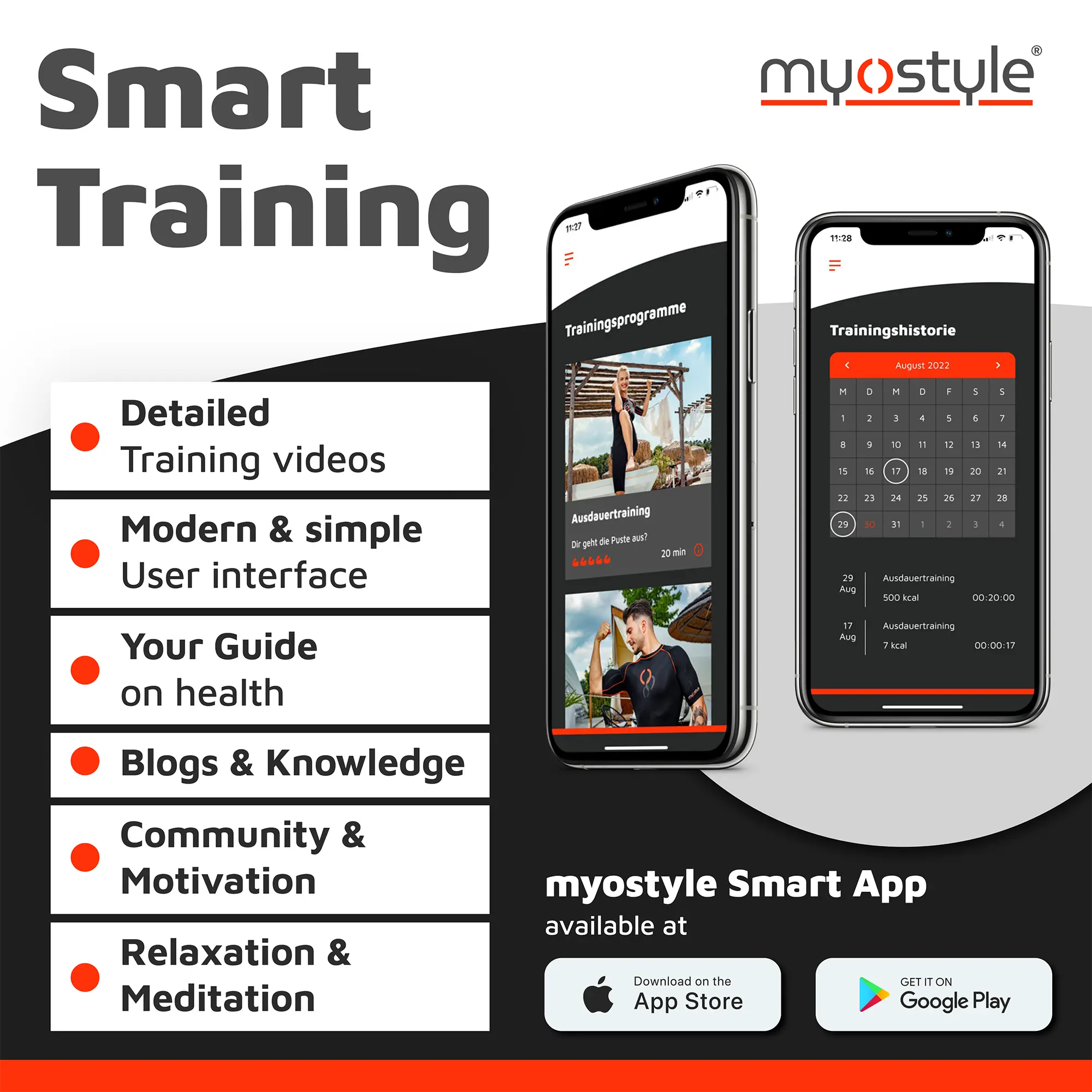 Two smartphones showing the myostyle smart ems training app interface. It shows the training calendar and training program videos.