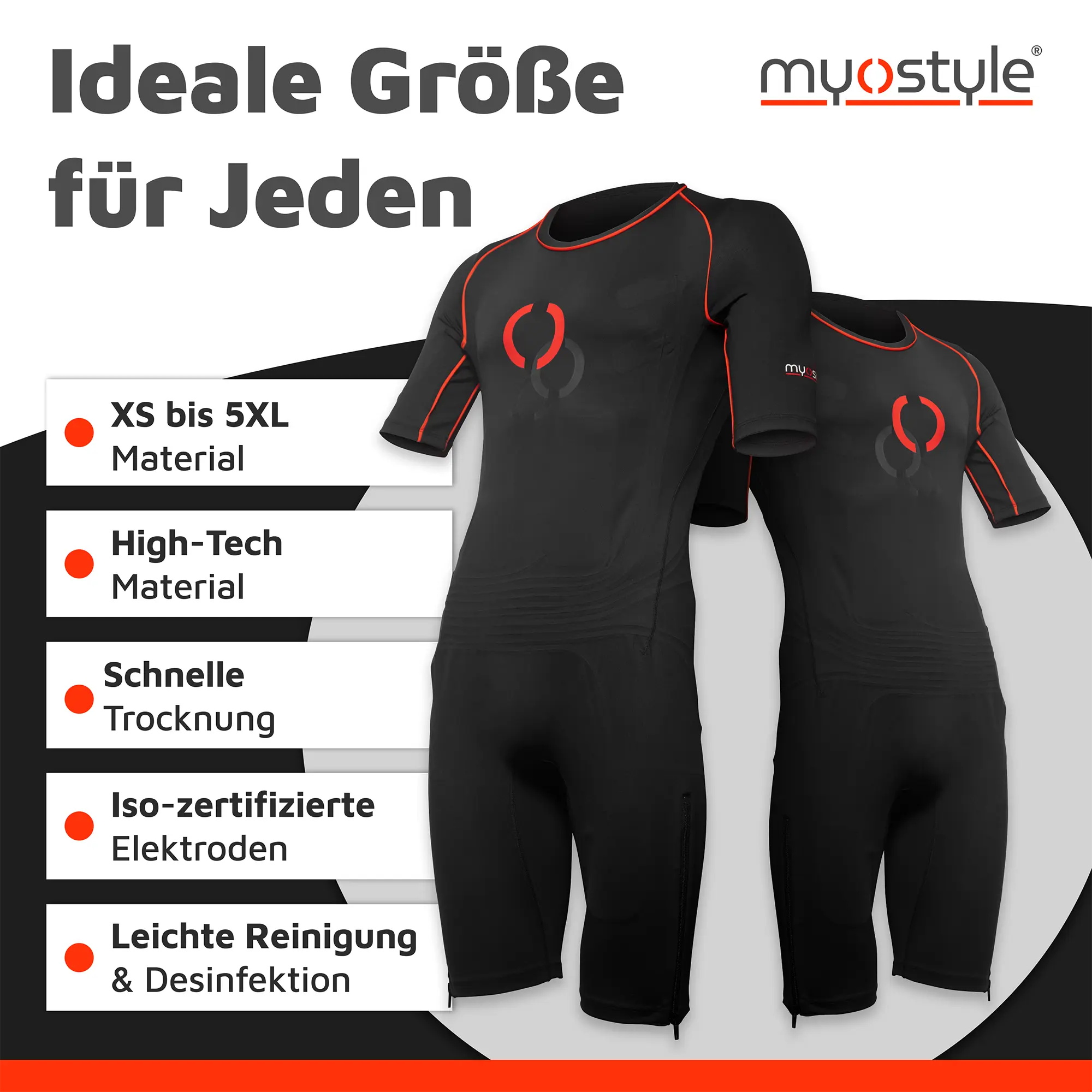 Kabelloser EMS-Trainingsanzug mit idealer Größe für alle Der kabellose EMS-Trainingsanzug von myostyle mit verschiedenen Größenoptionen und seinen Produkteigenschaften.