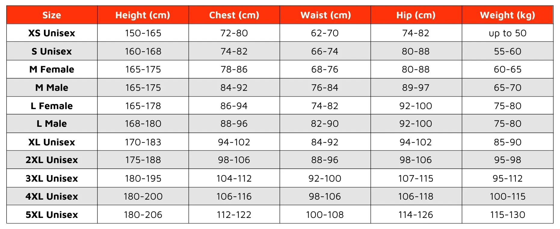 Size chart for the myostyle EMS training Smart Suit