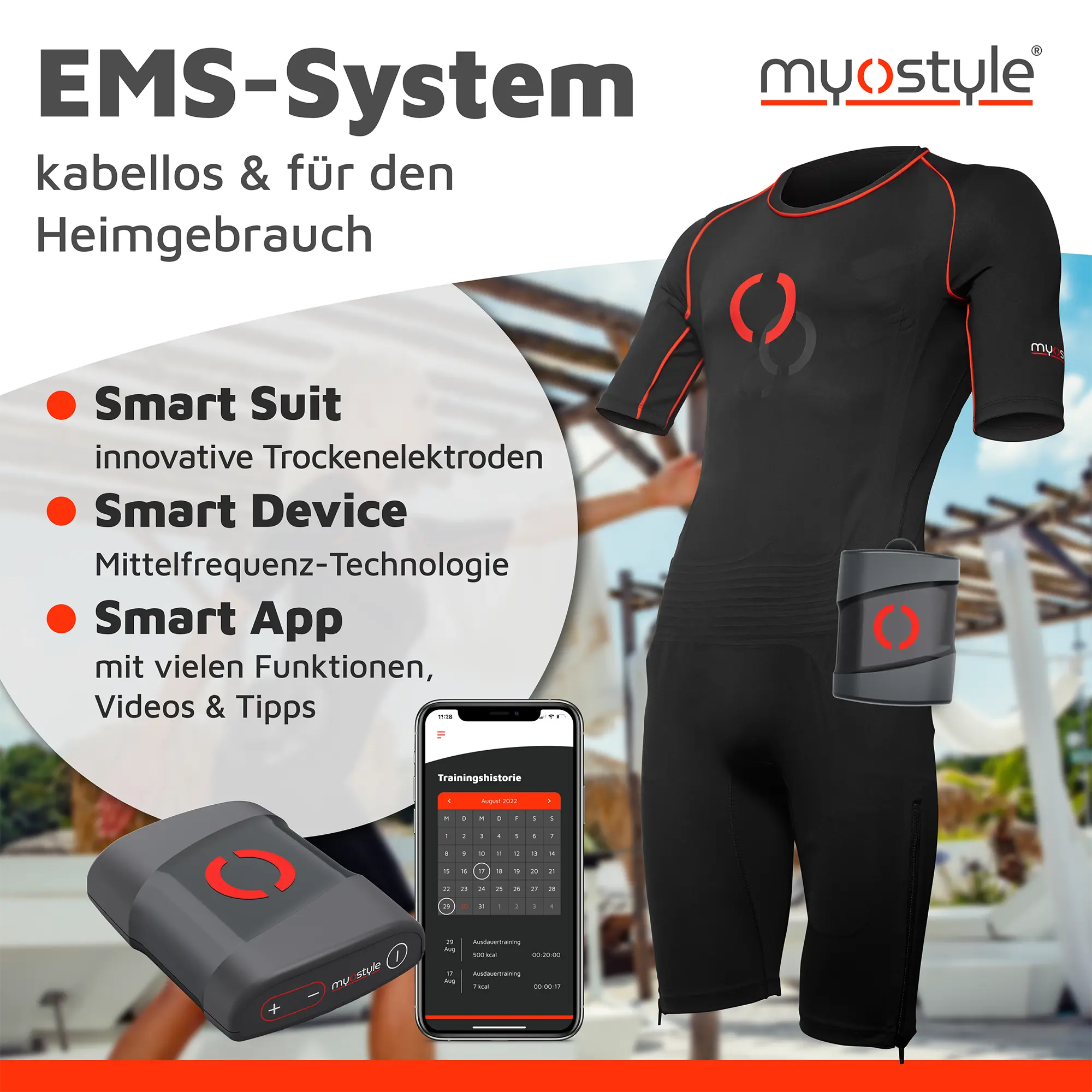 Komplettes kabelloses EMS-Trainingssystem von myostyle. Gezeigt werden der EMS-Smart-Anzug, das EMS-Smart-Gerät und die EMS-Smart-App für den Heimgebrauch.
