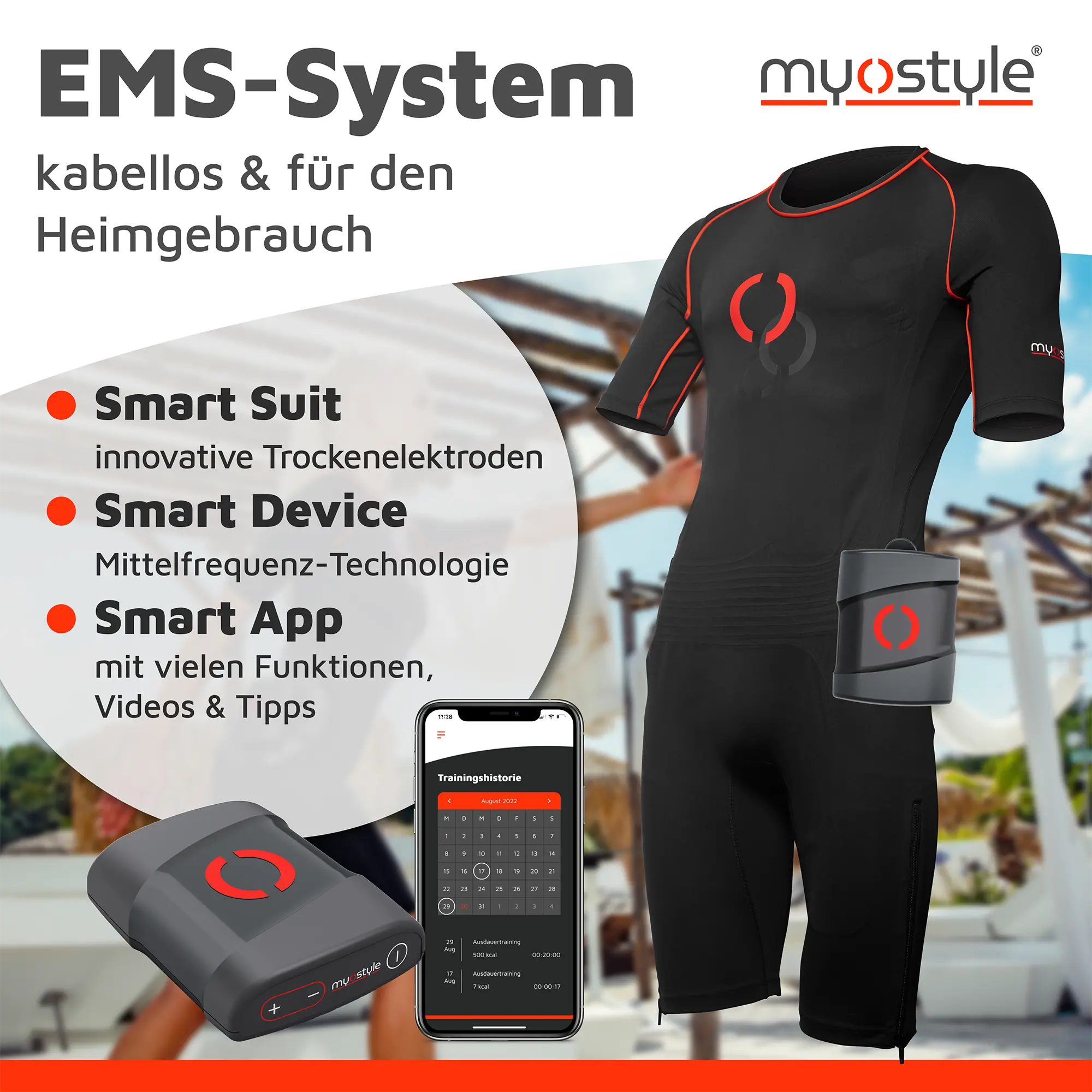 Kabelloser EMS-Trainingsanzug für zu Hause Komplettes kabelloses EMS-Trainingssystem von myostyle. Gezeigt werden der EMS-Smart-Anzug, das EMS-Smart-Gerät und die EMS-Smart-App für den Heimgebrauch.