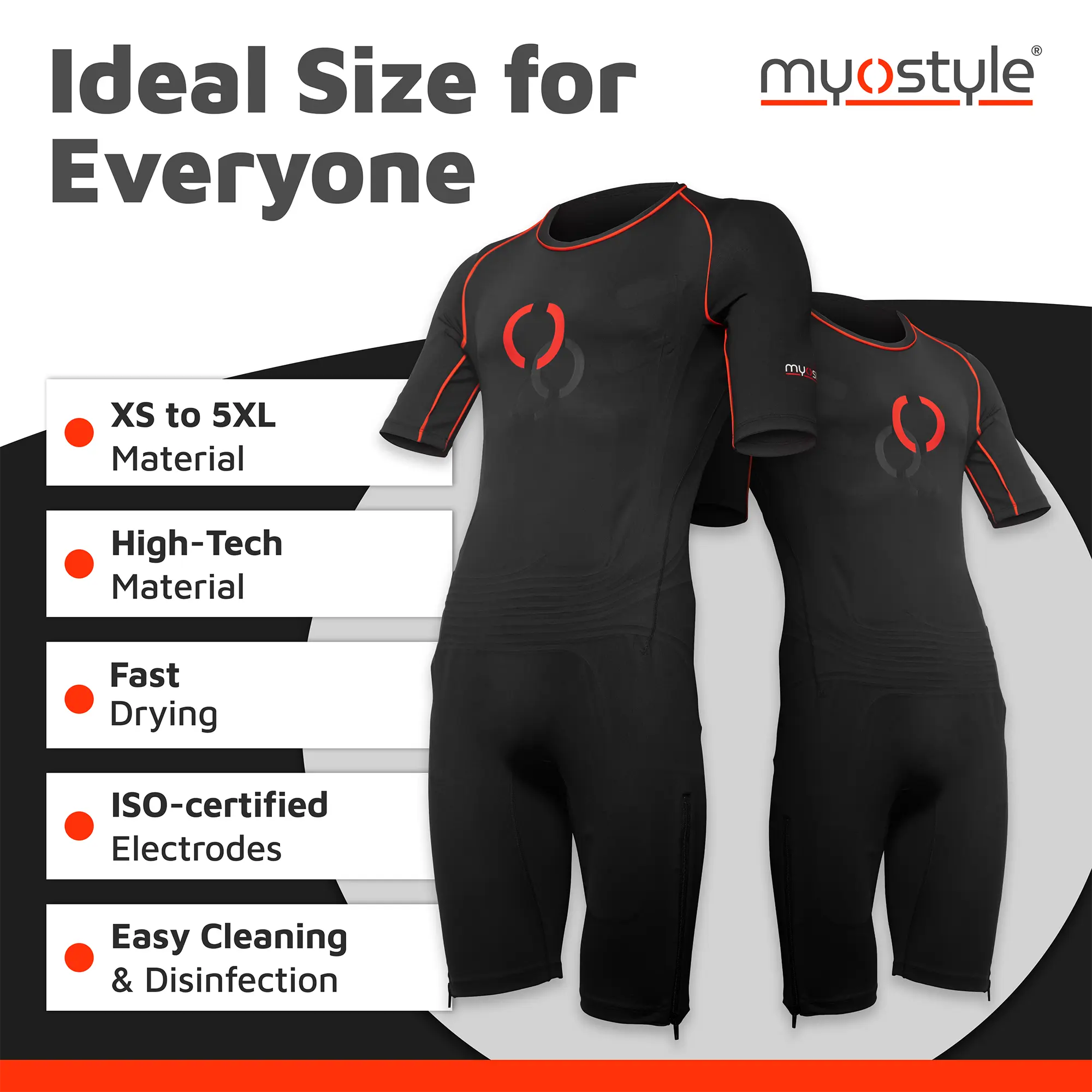 The wireless myostyle ems training suit showing different size options and its product properties.
